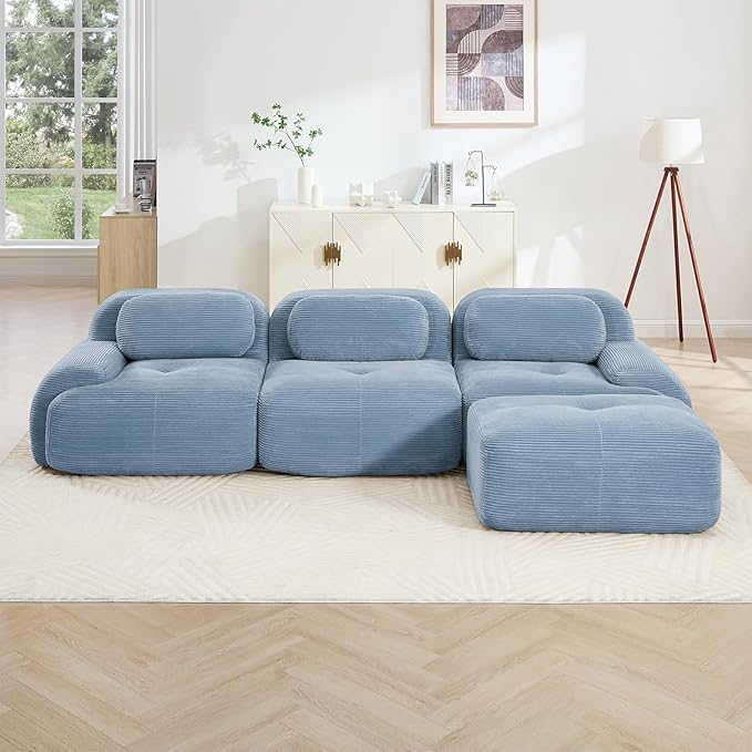 116" Modern Compressed Boneless Couch with Ottoman, 3 Seater Large L Shaped Sectional Couches for Living Room, Blue Corduroy Cloud Modular Sectional Sofa, Memory Foam, Extra Deep, No Assembly