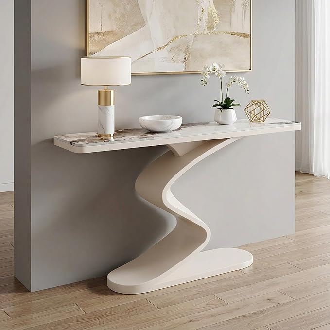Modern Console Table with Sintered Stone Top, 47" Entryway Table with Sculptural S-Shaped Base Narrow Hallway Sofa Table Behind Couch for Living Room, Accent Furniture(White,47.2"x11.8"x31.5")