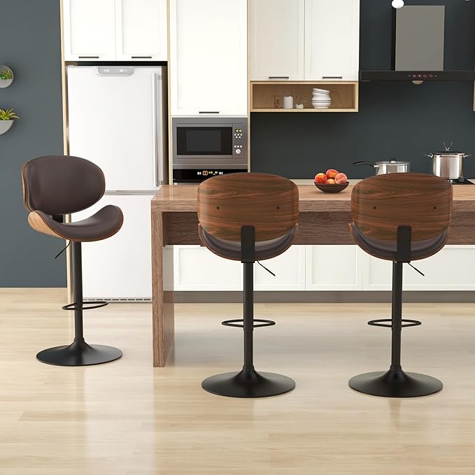 KCC Bar Stools Set of 3, Swivel Adjustable Height Barstools, PU Leather Upholstered Bar Chairs with Footrest, Bentwood Bar Stool for Kitchen, Bar, Dining Room(Brown PU)