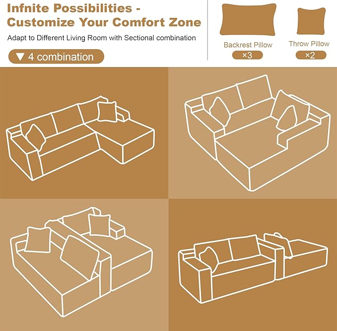 108" Sectional Couches for Living Room Modern Modular Sofa with L-Shape Couchs Upholstered Boneless Couch Deep Seat Sectional Couch with Chaise (Black, Right Facing Chaise+2Seaters)