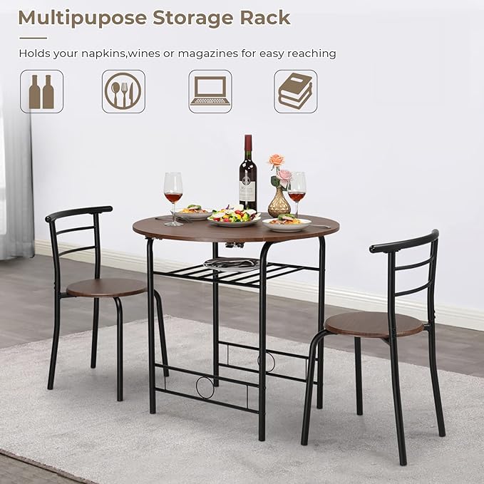 VINGLI 31.5" Drop Leaf Dining Table Set 3 Pieces for Small Space,Small Kitchen Table Set for 2,Round Folding Table with 2 Chairs for Home,Kitchen,Apartment,Black&Brown