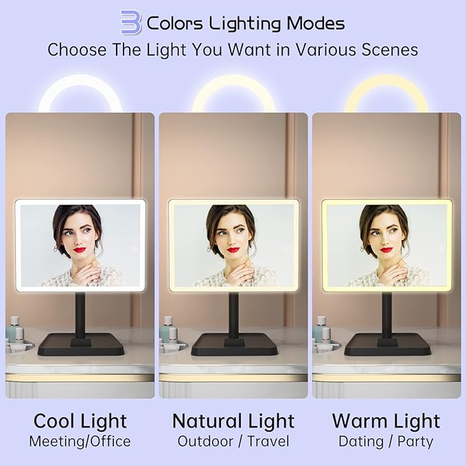 FUNTOUCH Rechargeable Makeup Vanity Mirror with Lights, Large Lighted Desk Makeup Mirror with 96 LED Lights and 10x Magnifying, 3 Color Lighting, Make up Light Mirror with Phone Holder,Black