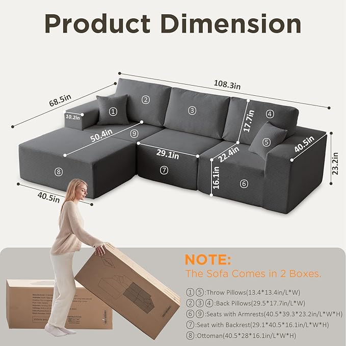 INGEROOM 108" Cloud Sectional Couch with Chaise, Modular L-Shaped Sofa Deep Seat Comfy Corduroy Memory Foam Couch for Living Room Bedroom, No Assembly Required, Dark Gray