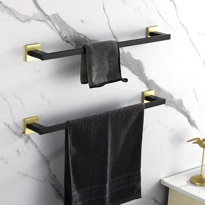 LANC 24-Inche Bathroom Towel Bar for Bathroom Wall Mounted Matte Black and Gold Bath Towel Rack Stainless Steel Towel Rod for Restroom Hotel Towel Holder Towel Hanger, A9010GK-L6