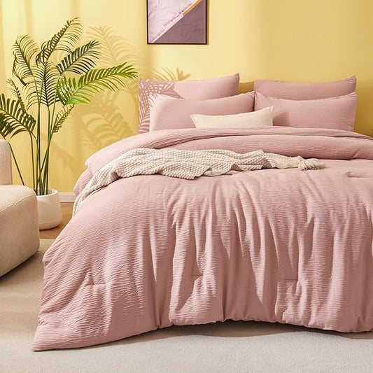 King Size Comforter Set Dusty Rose - Double-Layer Crinkle Gauze Bed Set, 3 Pieces Soft Bedding Set for All-Season, Lightweight Warmth with 2 Pillowcases
