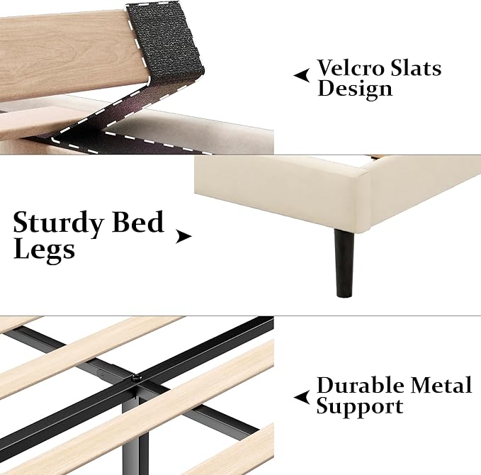 Queen Size Bed Frame with Upholstered Wingback Headboard, Easy Assemnly Platform Bed, Wooden Slat Support No Box Spring Needed, Cream