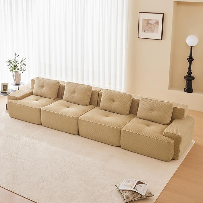 150" Modern Corduroy Cloud Sofa, Boneless Modular Large Sectional Couches for Living Room, Camel 4 Seater Compressed Memory Foam Couch, Extra Deep Seat, No Assembly