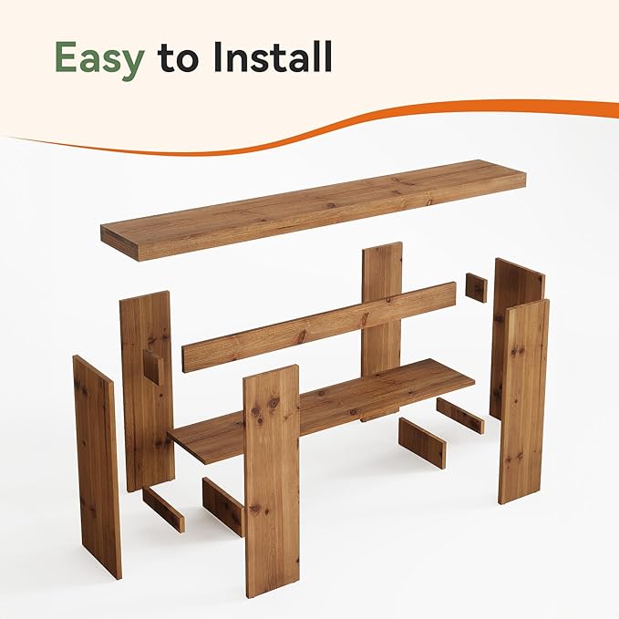 2-Tier Solid Wood Console Table, Farmhouse Entryway Table with Storage Shelves, 63-Inch Long Sofa Console for Living Room, Hallway, or Foyer(Brown)