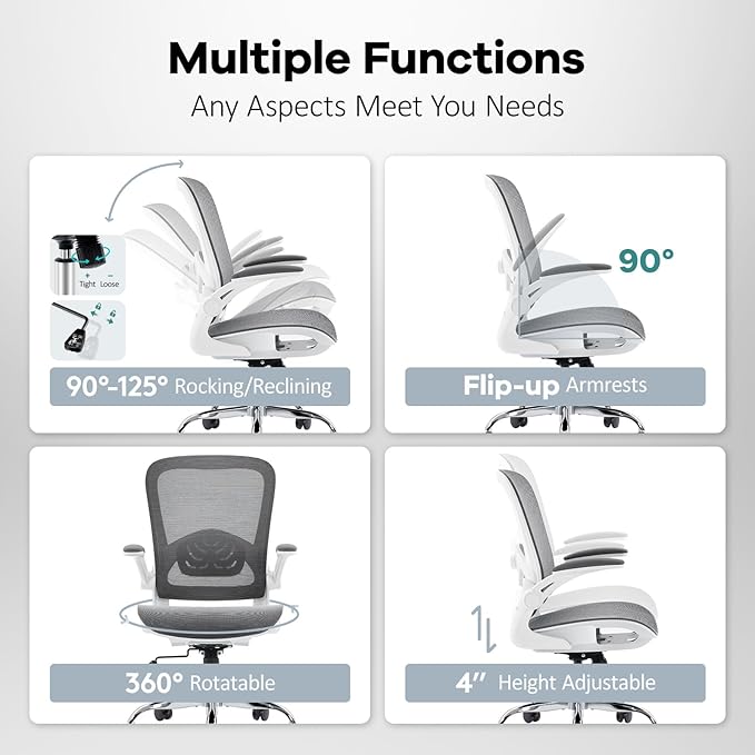 Office Chair Mesh Seat,Ergonomic Mesh Desk Chair with Adjustable Lumbar Support,Computer Chair with Flip-up Armrests, Rolling Executive Chairs, Home Office Chair(Grey)