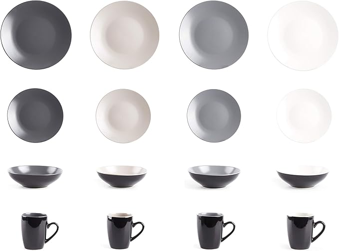 Colors Life 16pc Dinnerware Set, Very Cool - 4 Assorted Colors of Grey, Light Grey, Light Beige and White