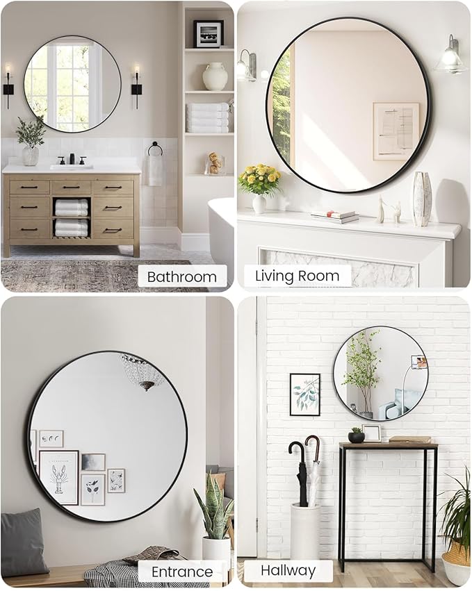 32 Inch Black Circle Wall Mirror, Modern Round Metal Framed Mirror for Bathroom, Entryway, Living Room, Bedroom, Dining Room, Hallway, Decorative Home Décor, Easy Mount