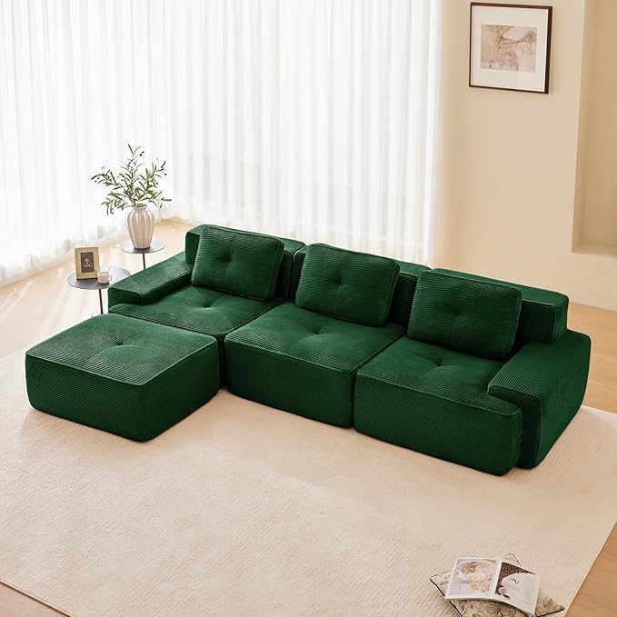 115" Modern Compressed Boneless Couch with Ottoman, 3 Seater Large L Shaped Sectional Couches for Living Room, Green Corduroy Cloud Modular Sectional Sofa, Memory Foam, Extra Deep, No Assembly