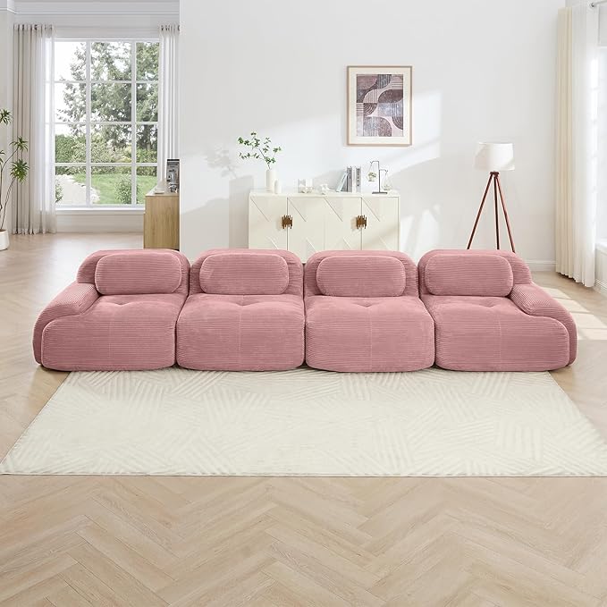 152" Modern Corduroy Cloud Sofa, Boneless Modular Large Sectional Couches for Living Room, Pink 4 Seater Compressed Memory Foam Couch, Extra Deep Seat, No Assembly