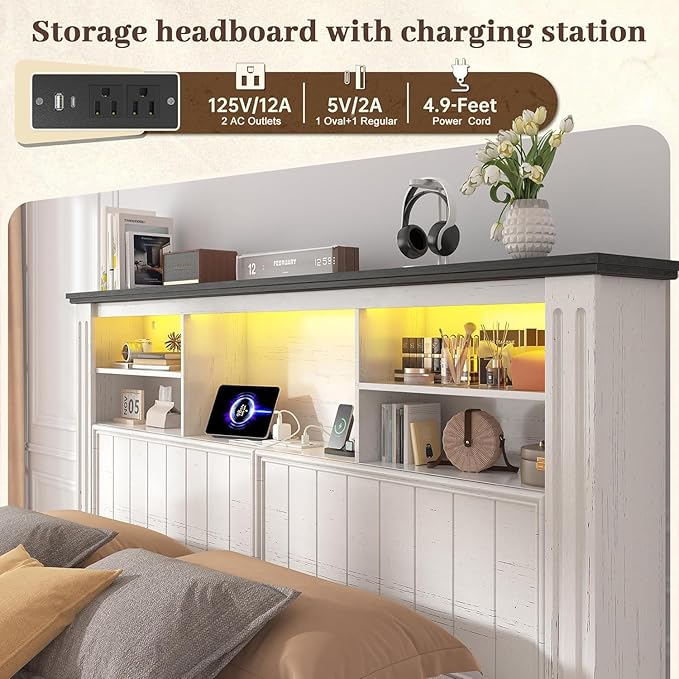 EnHomee Full Size Bed Frame with Headboard, Full Bed Frame with 4 Drawers Charging Port & LED, Farmhouse Bed Full Built in Charging Station,No Box Spring Needed,NO Noise,White with Grain Marks