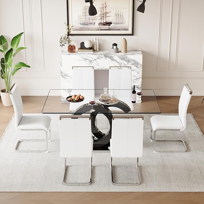 63'' Glass Dining Table Set for 6, Kitchen Table Chairs Set of 6, Clear Glass Dining Table with Black unique design Leg and Silver Metal Base, 6 PU Dining Chairs with Metal Legs, Living Room, Kitchen.
