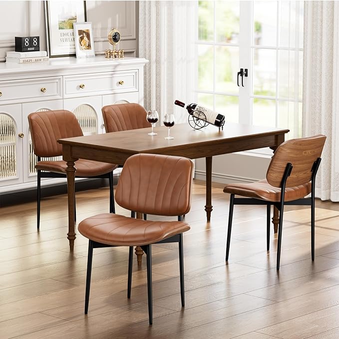 Dining Chairs Set of 4, Dining Room and Kitchen Chairs, Mid Century Modern Accent Chair, Upholstered PU Leather Chairs for Vanity with Walnut Bentwood and Metal Legs, Light Tan