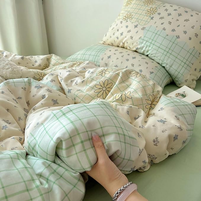 LifeTB 100% Cotton Muslin Duvet Cover Twin Aesthetic Floral Comforter Cover with Botanical Flower Cute Plaid Design Ultra Soft Cottagecore Bedding Set Breathable Gauze Duvet Cover with 2 Pillowcases