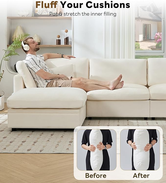 Tbfit Modern Sectional Sofa, Down-Filled Cushions, Extra Comfy Cloud Couch for Home, Living Room, Beige