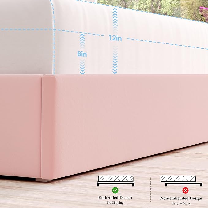 HOSTACK Queen LED Bed Frame with Storage Headboard and Charging Station, Girls Bed Frame with 4 Drawers and USB Ports, Velvet Upholstered Platform Bed Frame with Bookcase, No Box Spring Needed, Pink