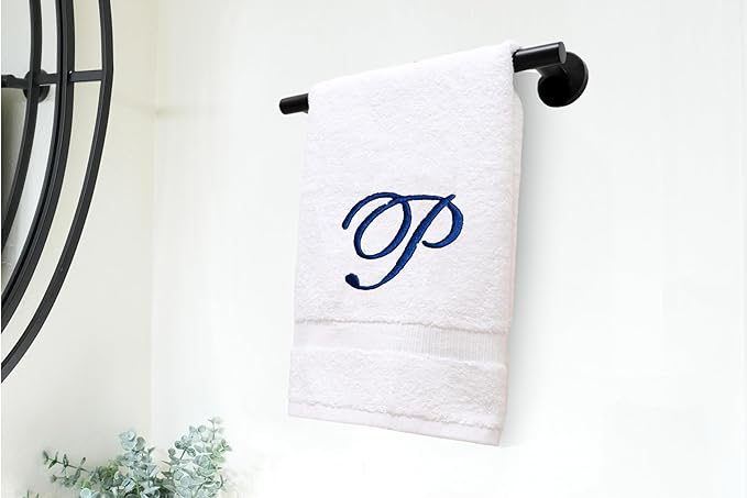White Monogrammed Hand Towels for Bathroom - Luxury Hotel Quality Personalized Initial Embroidered Towel for Powder Room, Spa - GOTS Organic Certified - Pack of 2 Navy, Letter P