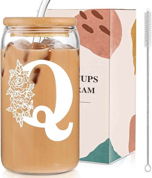 Christmas Gifts for Women: Initial Glass Cup as Office Graduation Memorial Holiday Personalized Gifts - for Mom Grandma Wife Girlfriend Sister Daughter Friend Christmas Gifts - Q Aesthetic Cup