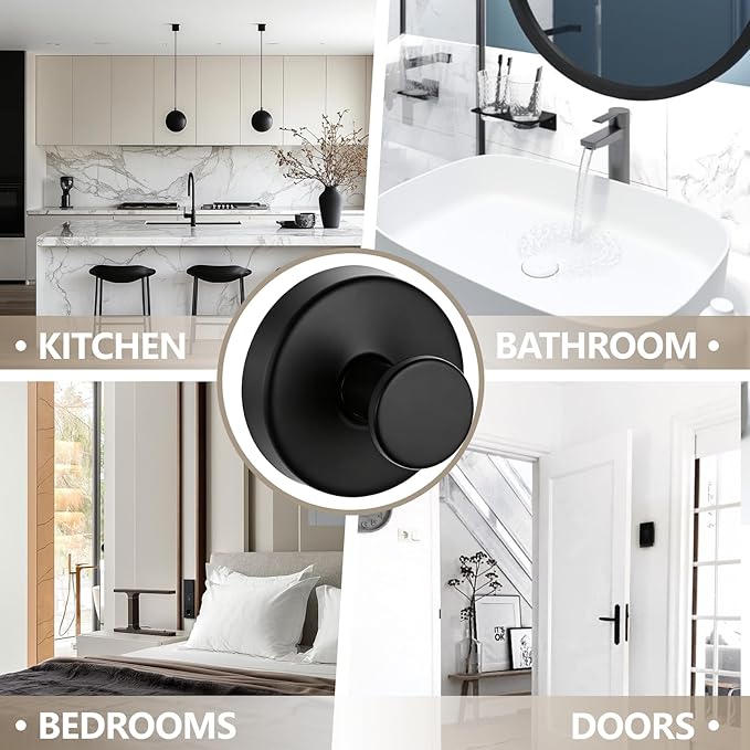 4 PCS Upgraded Drill-Free Suction Cup Hooks, Shower Towel Hooks for Bathrooms Stainless Steel Suction Hook Towels Hanger for Bathroom Kitchen Clothes Mirror Wall (Black)