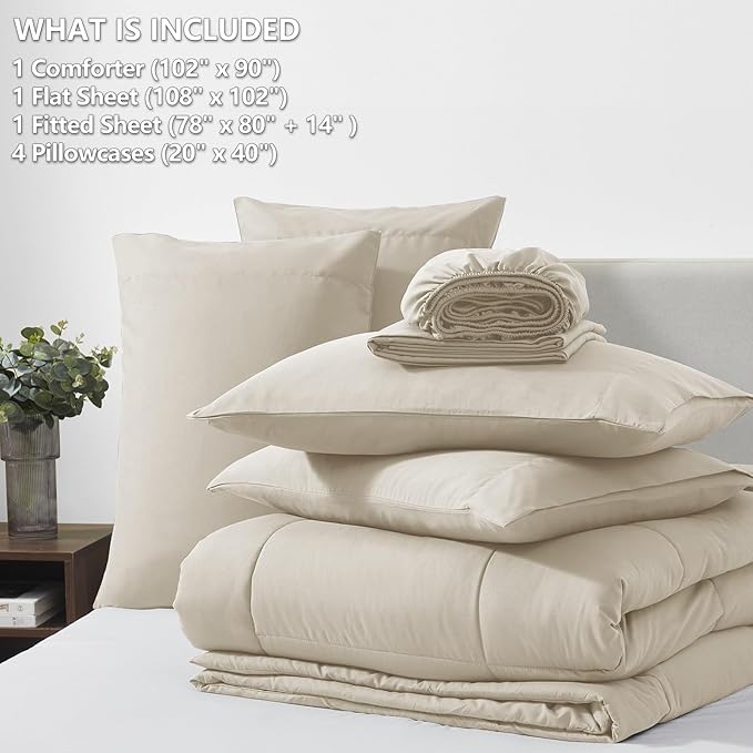 CozyLux King Size Comforter Set Oatmeal, 7 Pieces Bed in a Bag, Oatmeal Comforter King Size, All Season Bedding Sets with Stitch Quilted Comforter, Flat Sheet, Fitted Sheet, Pillowcases
