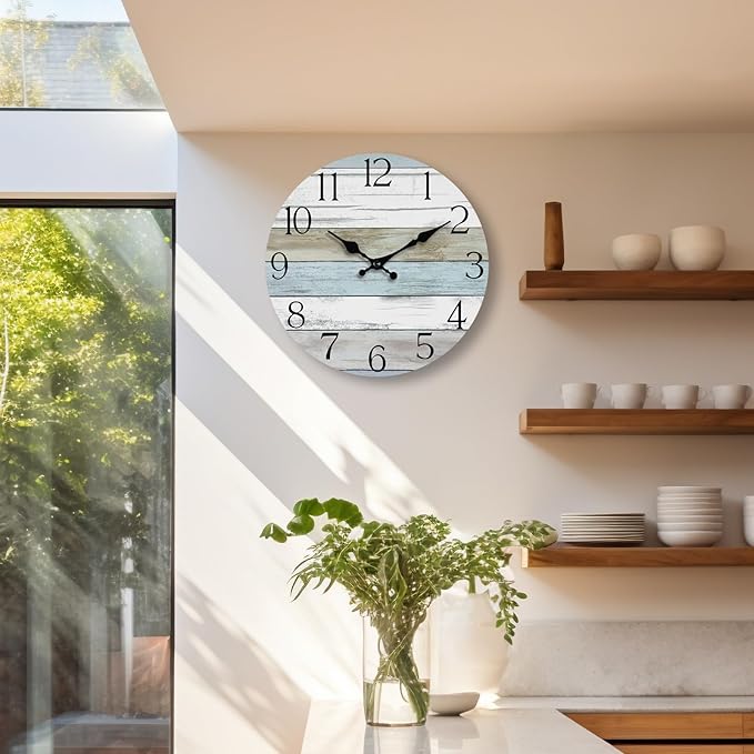 HYLANDA Wall Clock, 12 Inch Wall Clocks Battery Operated Silent Non Ticking, Wooden Clocks Decorative for Kitchen, Bathroom, Bedroom, Living Room Blue