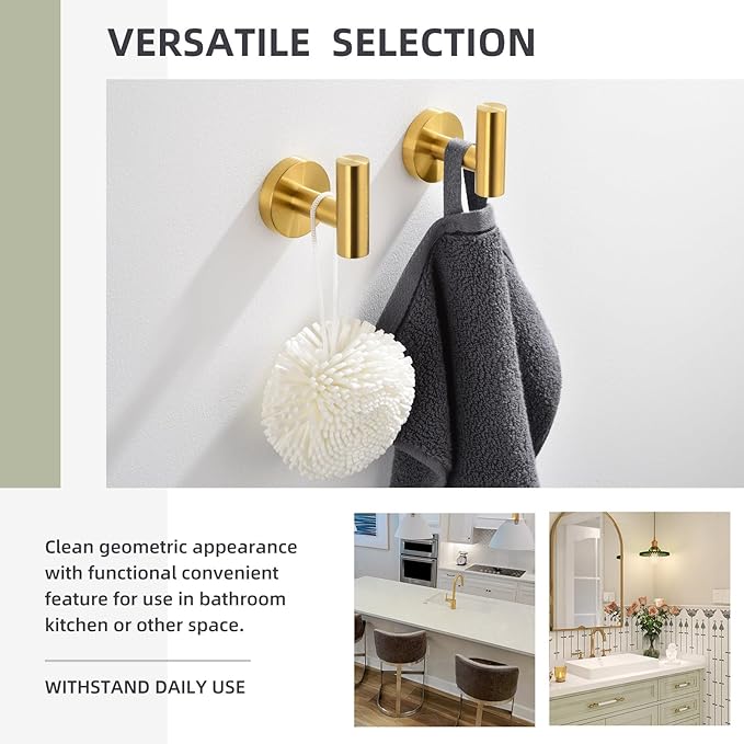 Angle Simple Bathroom Towel Hook 2 PCS, SUS304 Stainless Steel Bath Towel Robe Coat Holder, Heavy Duty Wall Hook, Brassy Gold