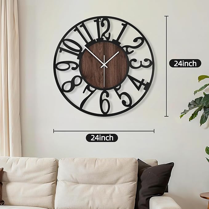 Maxstar Large Round Wall Clock for Living Room Decor Battery Operated Non Ticking Black Metal Wood Clocks for Home Living Room Garden Farmhouse Office Kitchen Decoration -24 inch