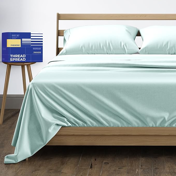 THREAD SPREAD 100% Egyptian Cotton Bed Sheets Queen Size Set - 4 PC High Thread Count Egyptian Cotton Queen Size Sheets Deep Pocket 16" (Sea Foam), Soft Cooling Sateen Luxury Hotel Bed Sheet