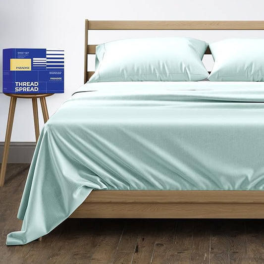 THREAD SPREAD 100% Egyptian Cotton Bed Sheets Queen Size Set - 4 PC High Thread Count Egyptian Cotton Queen Size Sheets Deep Pocket 16" (Sea Foam), Soft Cooling Sateen Luxury Hotel Bed Sheet