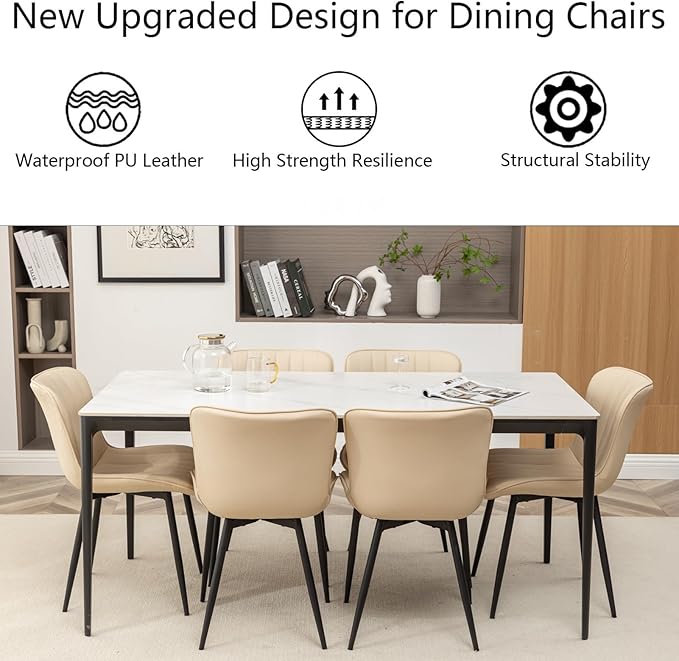 Leather Dining Chairs Set of 6, Upholstered Dining Room Chairs with Metal Legs, Modern Dining Chair for Dining Room, Kitchen (Beige)