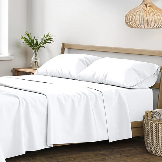 XOOX Linen 100% Egyptian Cotton Sheets California King Size - 1200 Thread Count Cal King Sheet Set Egyptian Cotton, 4 PC Luxury Bedsheet (White), Soft, Cooling, 17" Deep Pocket Bedsheet Set