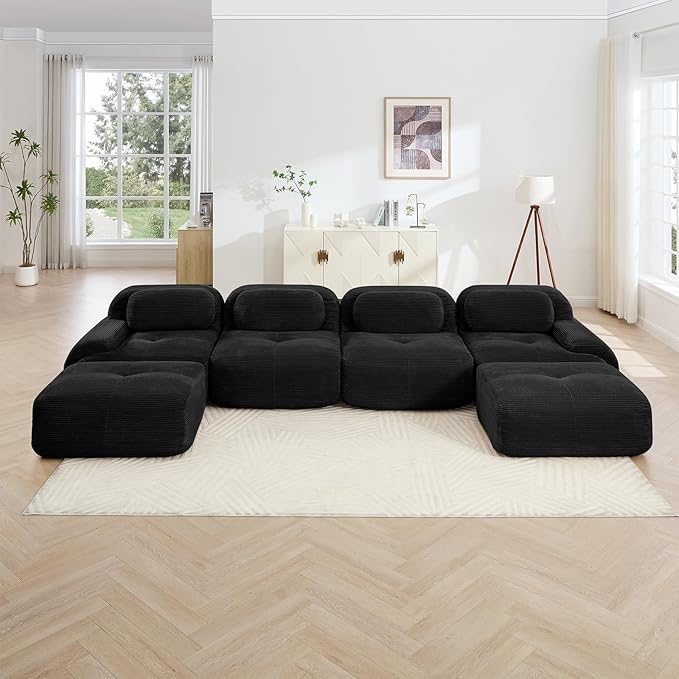 152" Modern Compressed Boneless Couch with Ottoman, 4 Seater Large U Shaped Sectional Couches for Living Room, Black Corduroy Cloud Modular Sectional Sofa, Memory Foam, Extra Deep, No Assembly