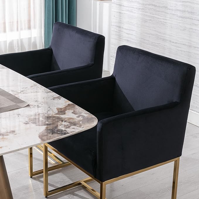 Set of 2 Upholstered Velvet Dining Chairs with Armrest, Mid Century Modern Accent Armchairs, Modern Kitchen & Dining Room Chairs with Gold Frame, Black
