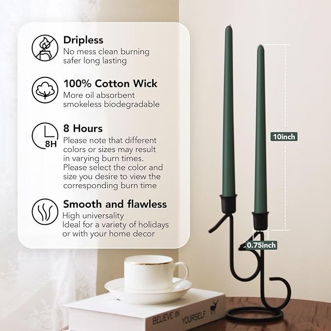 New Burning Formula Unscented Dripless 10-Inch Taper Candles Set of 12 - Dark Green, for Wedding, Dinner - Smokeless, Long Burning - Hand Poured, Colored Tall Candlesticks - Verde Oscuro
