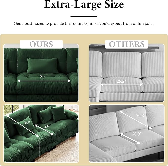 173.2" Oversized Couch, 4 Seater Modular Sectional Sofa, Green Large U Shaped Sectional Couches for Living Room, Fluffy Chenille Fabric Cloud Couch with Ottoman, Deep Seat Sofas