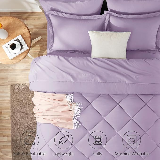 CozyLux Queen Comforter Set Light Purple - Bed in a Bag Queen Size 7 Pieces, Luxury Soft Lavender Bed Set for All Seasons, Bedding Set with Down Alternative Comforter, Sheets, Pillowcases & Shams