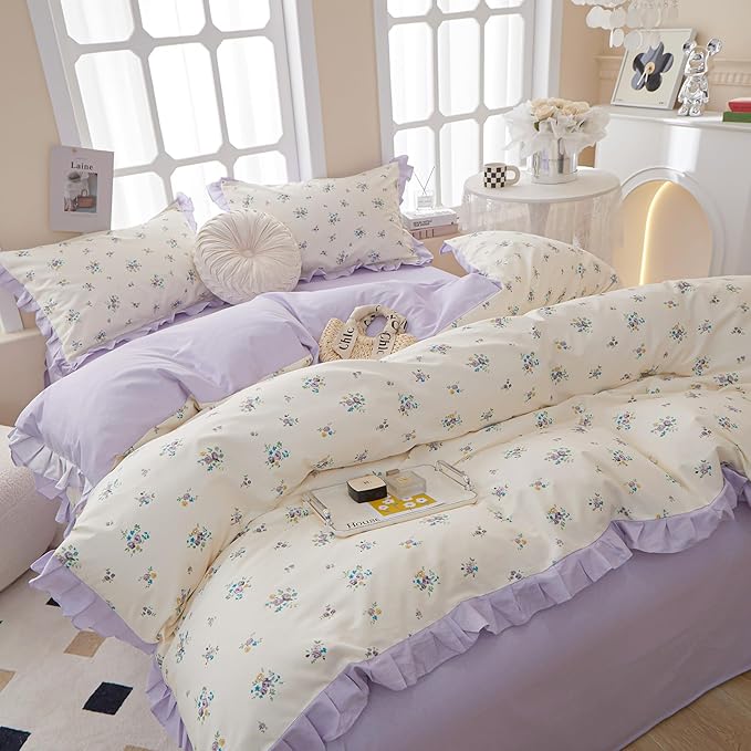 Purple Lace Duvet Cover Queen Soft 100% Cotton Purple Flower Duvet Cover Girls Floral Comforter Cover Garden Style Princess Bedding Set Cottagecore Flower Ruffle Comforter Cover with Zipper Closure