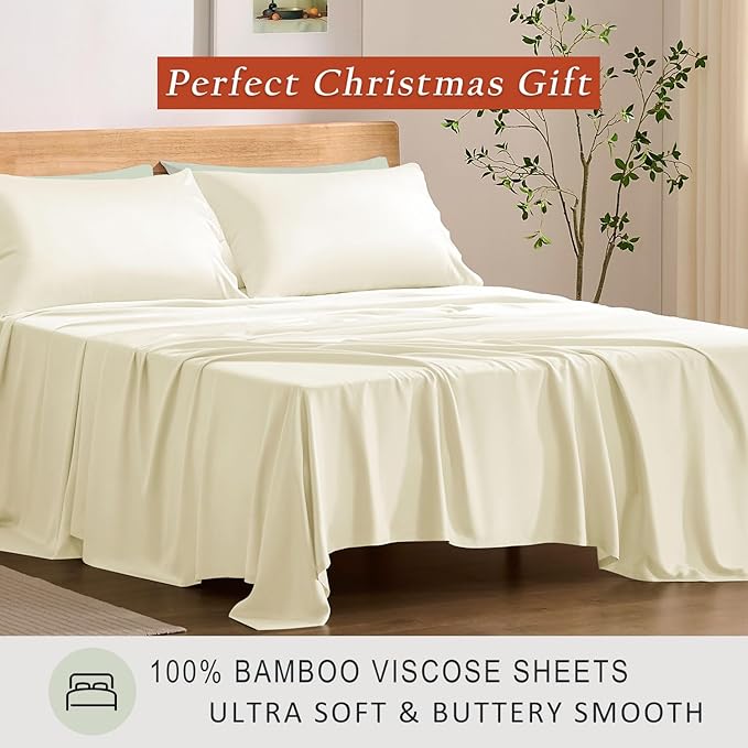 TOSMO Luxury Cooling Sheet Set - 100% Viscose from Bamboo, 4-Piece Bedding Set (Full Size) - 18” Extra Deep Pockets, Oeko-Tex Certified, Silky Soft and Breathable, Vanilla Yellow