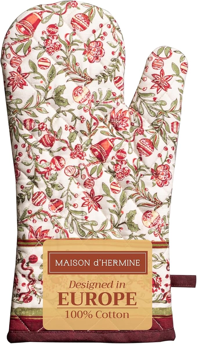 Maison d' Hermine Oven Gloves 100% Cotton Oven Mitt 7" x 13" with Loop Heat Resistant Cooking Gloves for Thanksgiving Christmas Decorations Baking Handling Hot Pans (Pack of 1, Reveillon Au Jardin)