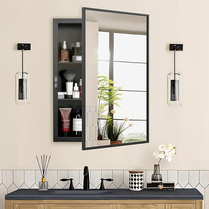 Recessed Medicine Cabinet with Mirror 16x20 inch, Mirrored Medicine Cabinets for Bathroom, Black Bathroom Mirror with Storage, Metal Medicine Cabinet with Mirror, 2 Adjustable Metal Shelves