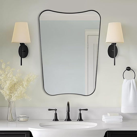 ANDY STAR Matte Black Vanity Mirror, 24"x32" Scalloped Mirror for Bathroom, Asymmetrical Wall Mirror, Unique Shape Ideal for Bathroom, Entryway, Mantle