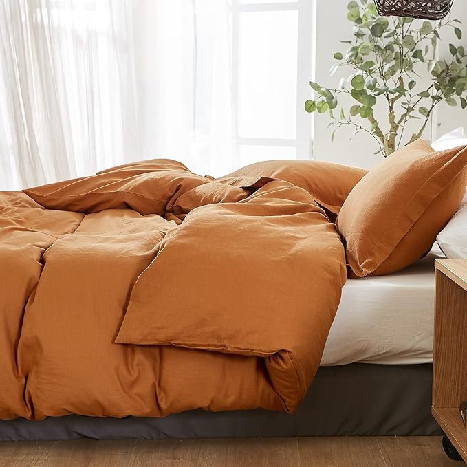 Simple&Opulence French Linen Duvet Cover Set 104"x 92"- 3 Pieces (1 Comforter Cover,2 Pillowcases)-Natural Flax Cotton Blend-Solid Color Breathable Farmhouse Bedding-Rust, King