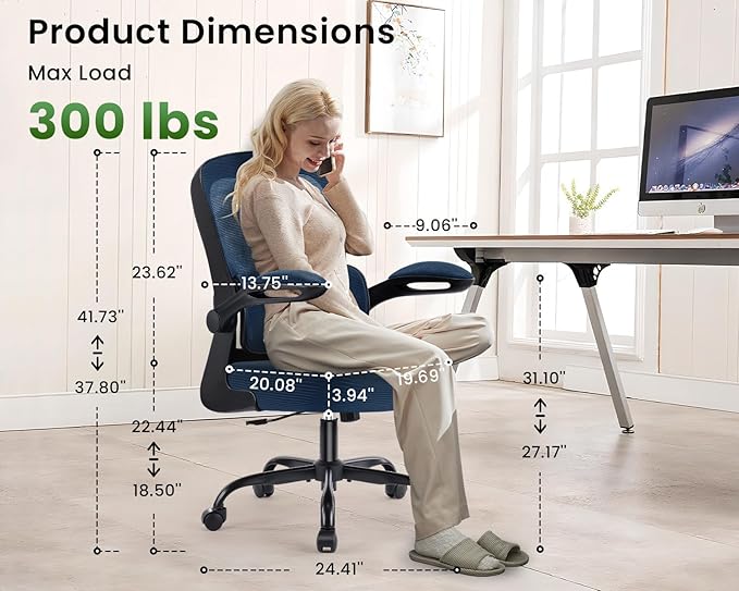 Ergonomic Office Chair, Comfy Desk Chair with Adjustable Lumbar Support, Mesh Computer Chair with Wheels, Flip-up Armrests, Swivel Rolling Executive Chair for Home Office, Gaming, Navy Blue