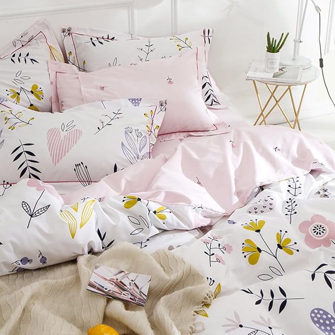 Girls Boho Floral Duvet Cover Twin Aesthetic Bedding Sets with 2 Pillowcases Pink Cotton Botanical Comforter