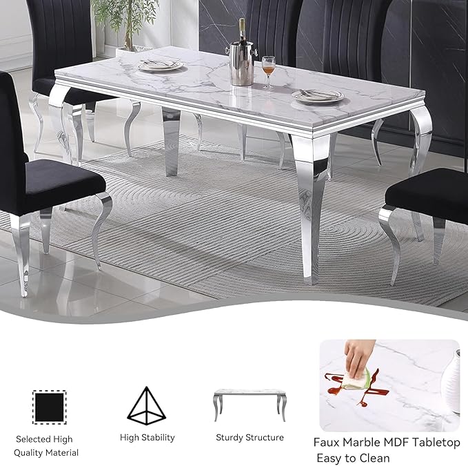 Goujxcy 70" Marble Dining Table Set for 6, Modern 7 Piece Dining Room Table Set with White Faux Marble Dining Table & 6 Beige Velvet Upholstered Chairs, Luxury Silver Kitchen Table Chairs Set of 6