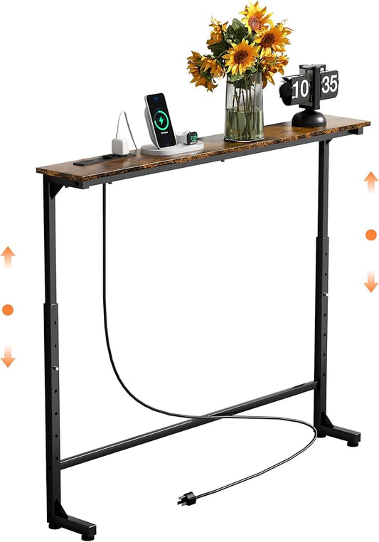 GRLEAF 39" Adjustable Height Narrow Console Table with Power Outlets, Long Sofa Table with Charging Station Behind Couch Table Skinny Entryway Table for Living Room, Hallway and Office – Rustic Brown