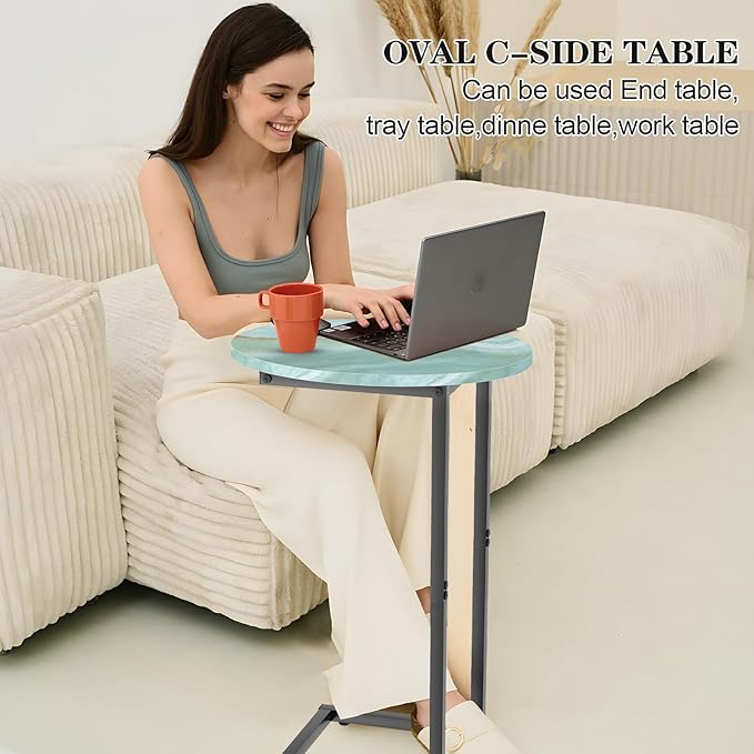 C Shaped End Side Table, Small Oval Couch Sofa Table for Bed, Snack Side Table with Metal Frame, TV Tray Table with White Marble for Small Space, Living Room, Bedroom, Bedside(Sea Blue)